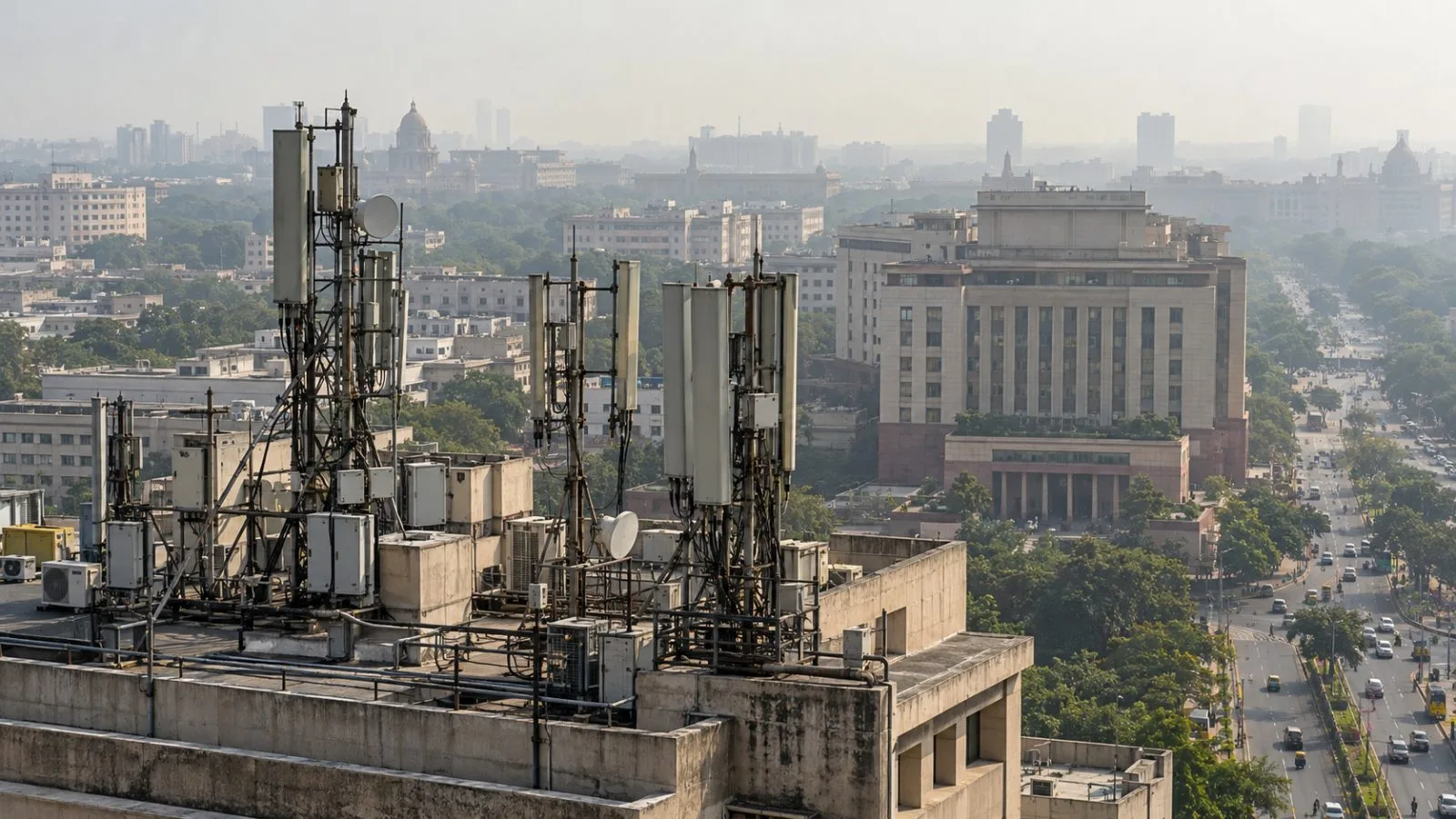 Mobile network antennas rise above rooftops near the telecom regulator’s headquarters in New Delhi. (AI-generated image / EconoTimes)