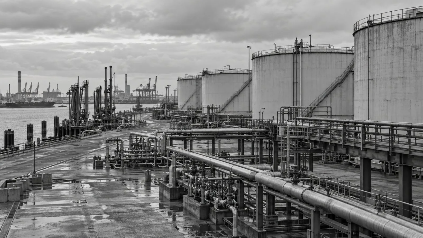 A product tanker is berthed at an oil terminal on Jurong Island, Singapore. / EconoTimes.ai (mono)