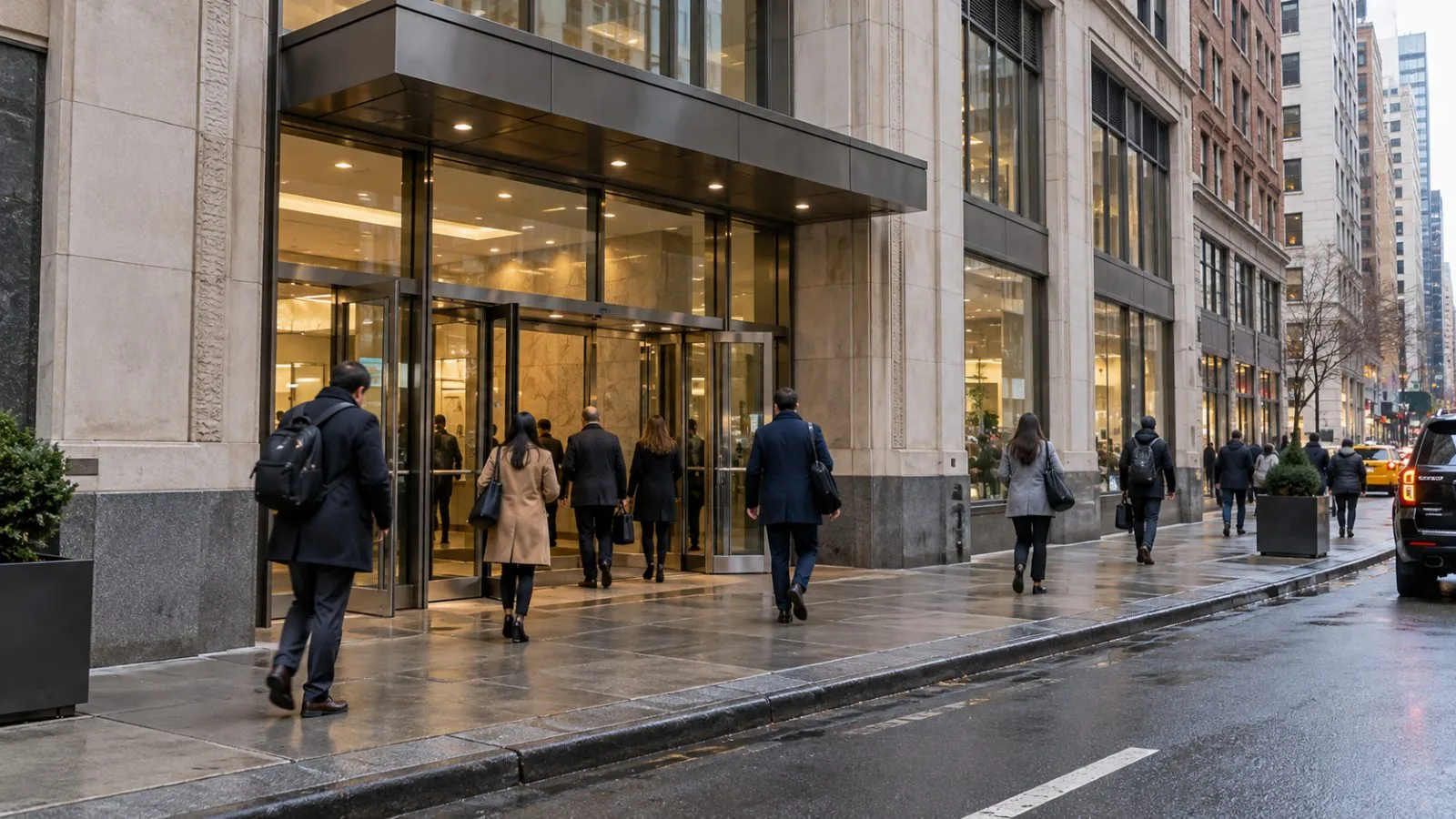 People enter an office building on West 31st Street in Manhattan. (AI-generated image / EconoTimes)
