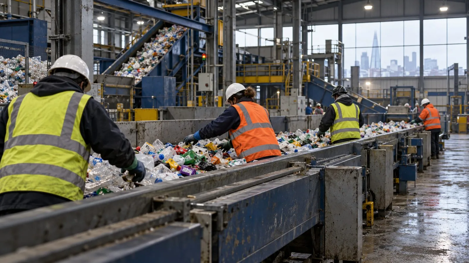 Workers sort used plastic packaging on a conveyor at a materials recovery facility in London (AI-generated image / EconoTimes)