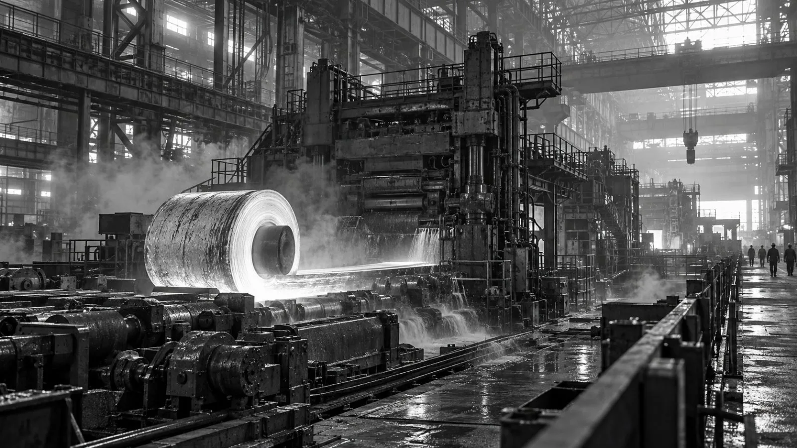 Hot steel moves through a rolling line at JSW Steel’s Vijayanagar Works in Karnataka (AI-generated image / EconoTimes)