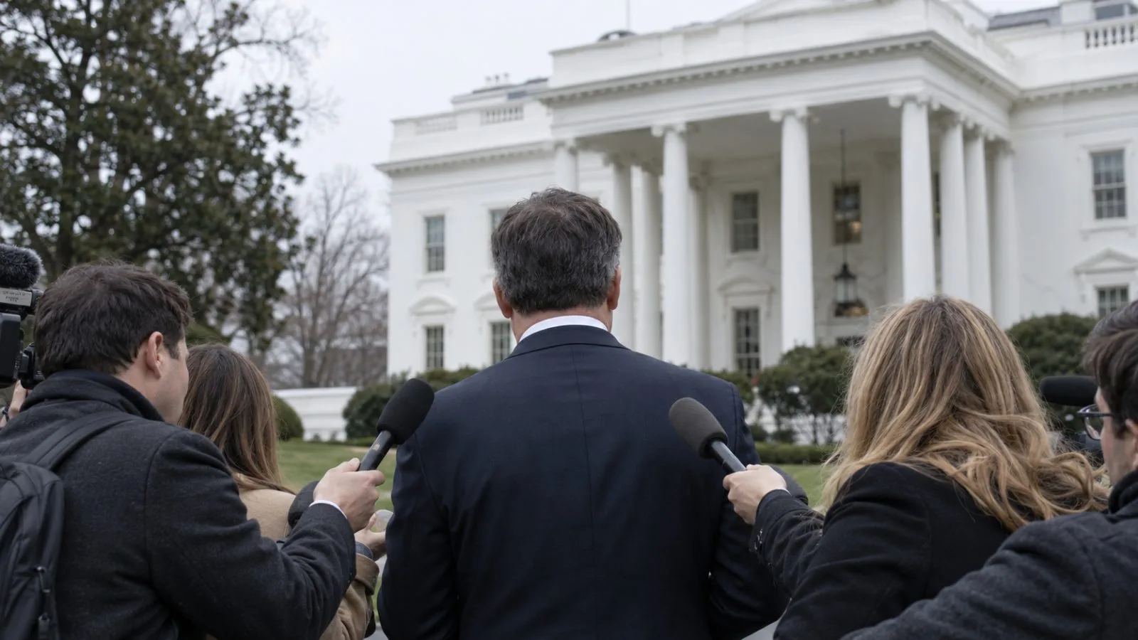 Reporters gather around a suited figure near the White House in Washington, D.C. (AI-generated image / EconoTimes)