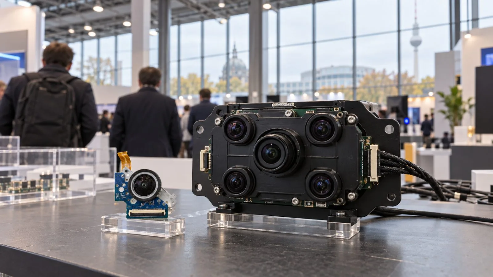 A camera module and sensor unit sit on a display table at a Berlin technology event. / EconoTimes.ai