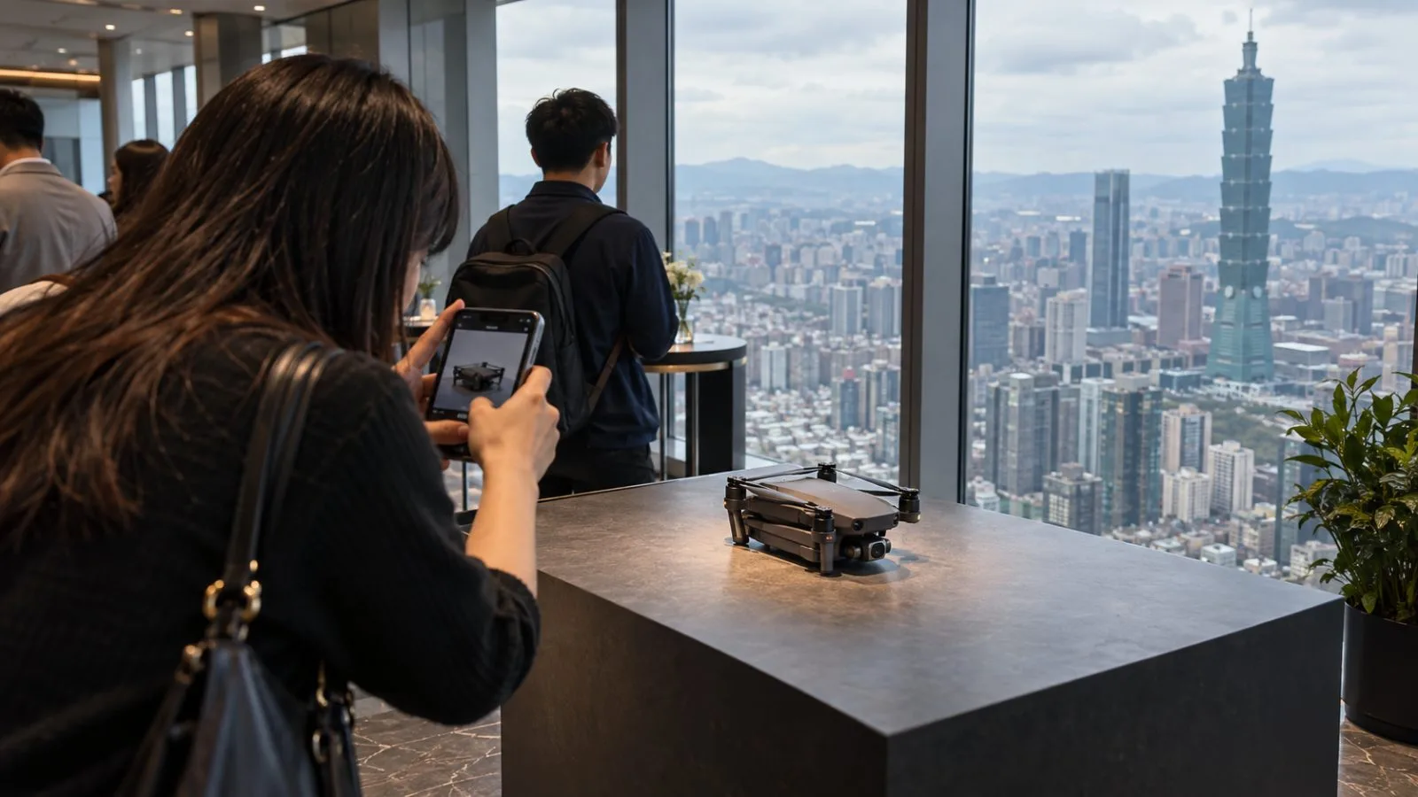 A compact drone sits on display during a company event at Taipei 101 in Taiwan. (AI-generated image / EconoTimes)