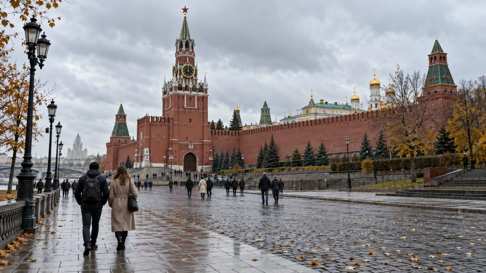 Pedestrians pass the Kremlin walls in central Moscow under an overcast autumn sky. (AI-generated image / EconoTimes)