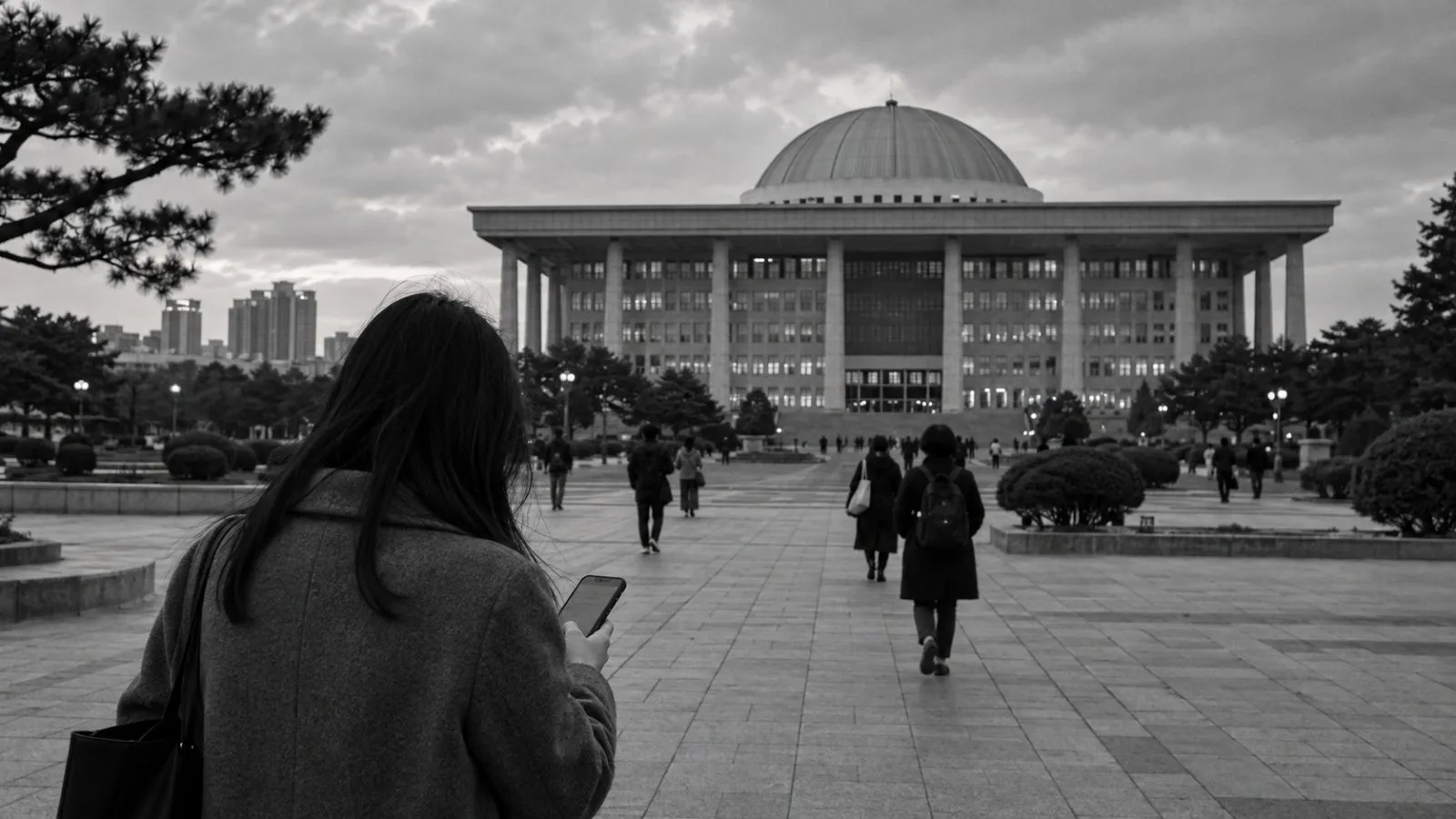 A visitor checks a phone outside the National Assembly in Seoul, South Korea (AI-generated image / EconoTimes)