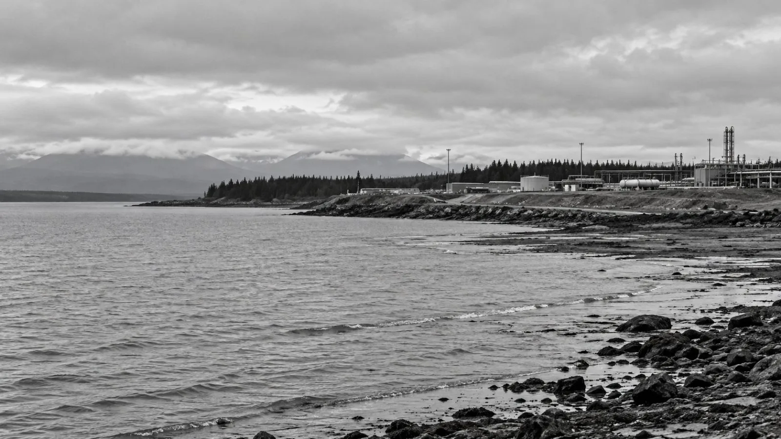 The Cook Inlet shoreline and industrial land sit under overcast skies in Nikiski, Alaska. / EconoTimes.ai