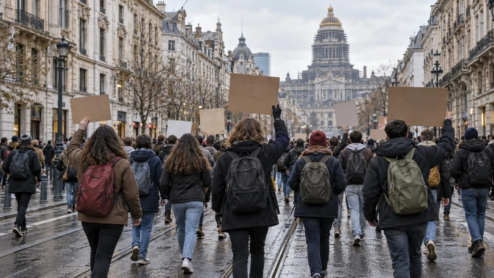 Young demonstrators carrying backpacks gather on a central street in Brussels, Belgium. (AI-generated image / EconoTimes)