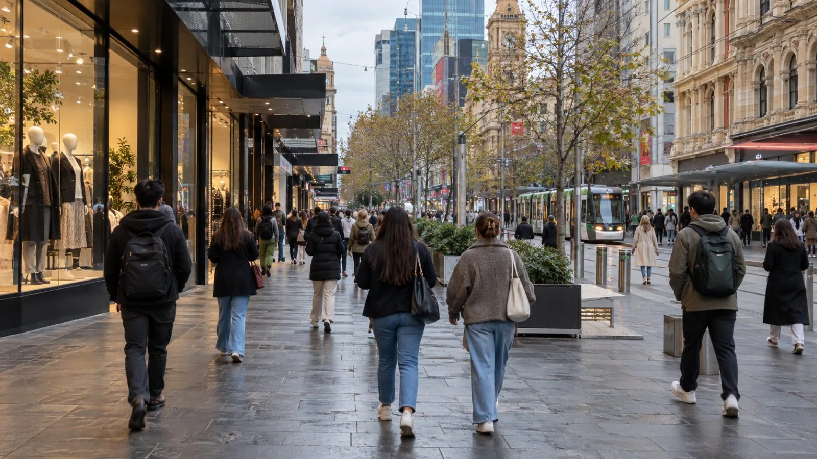 Shoppers pass clothing displays on Bourke Street Mall in Melbourne, Australia. (AI-generated image / EconoTimes)