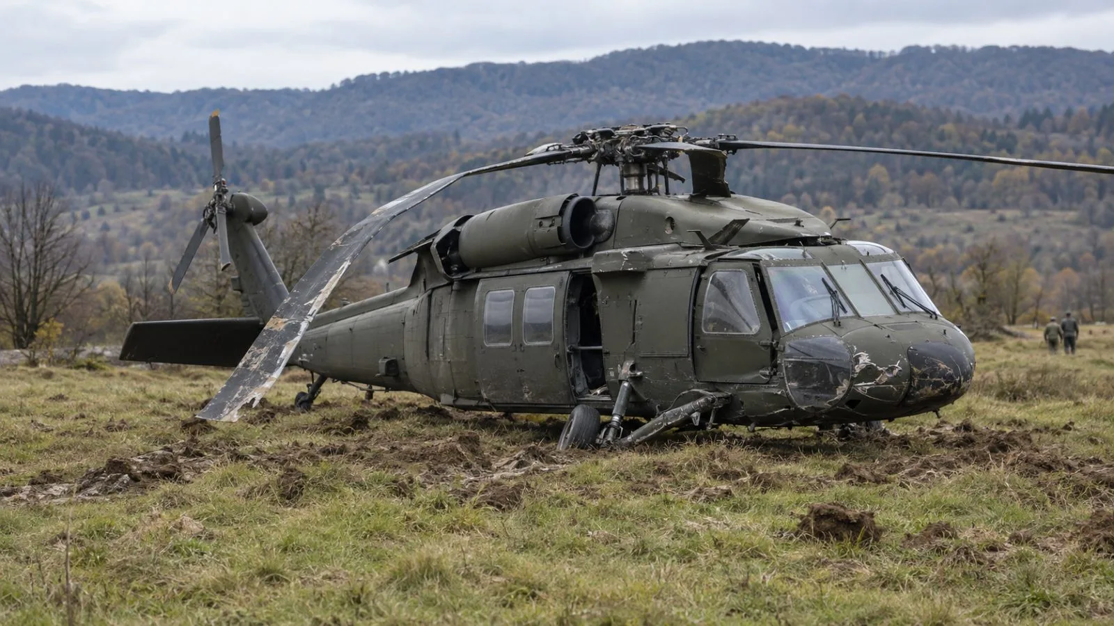 A damaged military helicopter rests at an unidentified training site in Bosnia and Herzegovina (AI-generated image / EconoTimes)