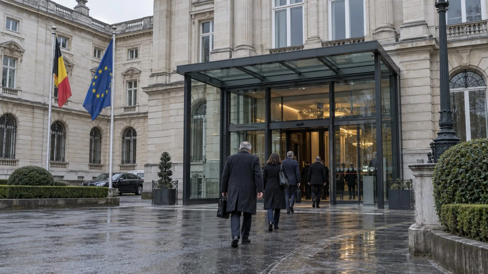Officials enter Belgium’s Foreign Ministry building in Brussels on an overcast morning. (AI-generated image / EconoTimes)