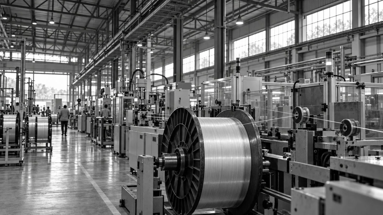 Optical fiber winds onto a large spool inside a manufacturing plant in Aurangabad, India. / EconoTimes.ai