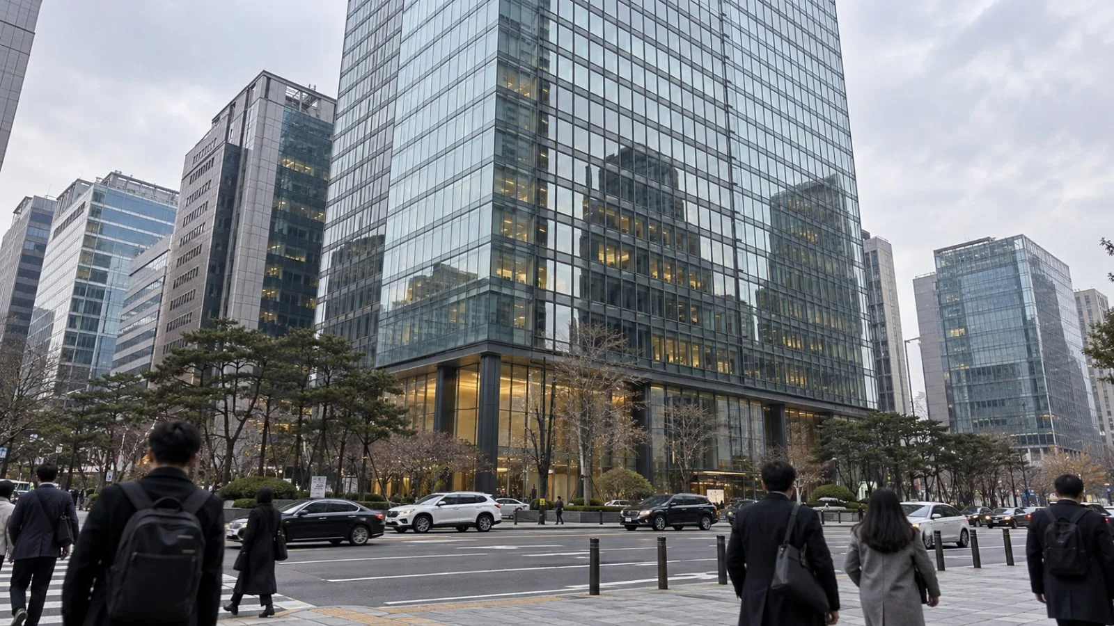 SK Group's headquarters tower stands on Jong-ro in Seoul beneath a gray afternoon sky. (AI-generated image / EconoTimes)