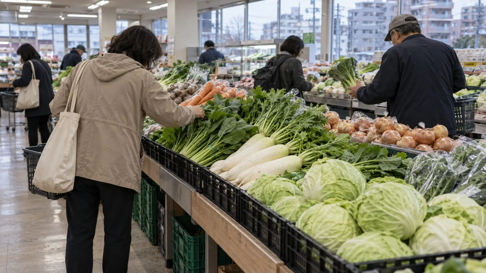 Shoppers select vegetables at a neighborhood supermarket in Tokyo, Japan. (AI-generated image / EconoTimes)