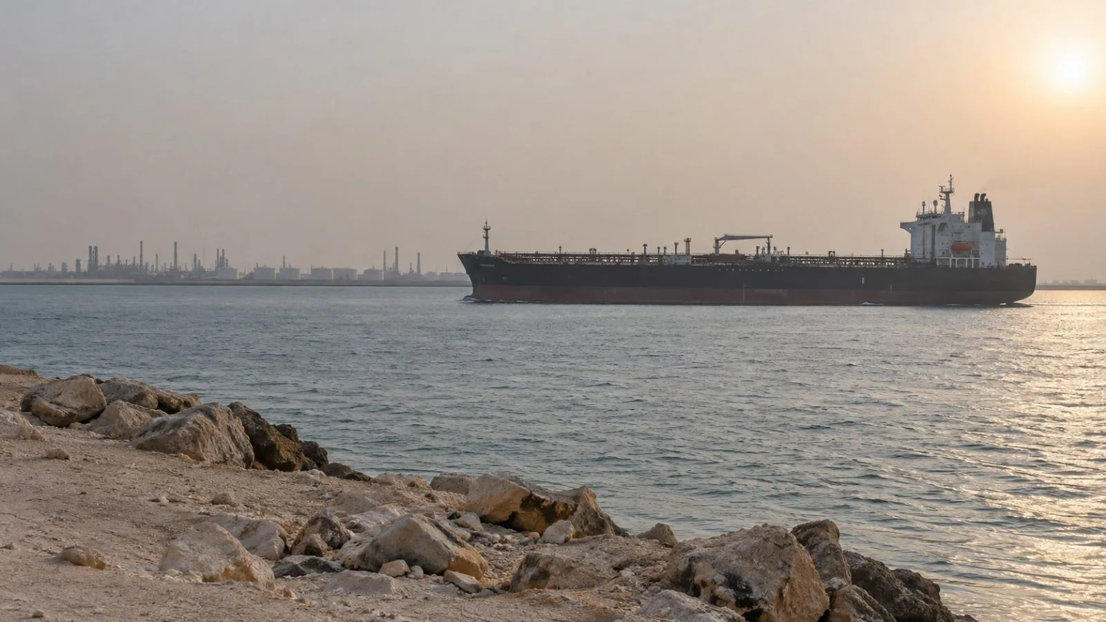 An oil tanker moves offshore from Al Jubayl, Saudi Arabia, in afternoon haze. (AI-generated image / EconoTimes)