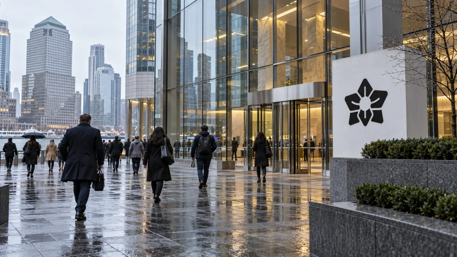 Pedestrians cross a wet plaza beside a glass office tower in Lower Manhattan. / EconoTimes.ai