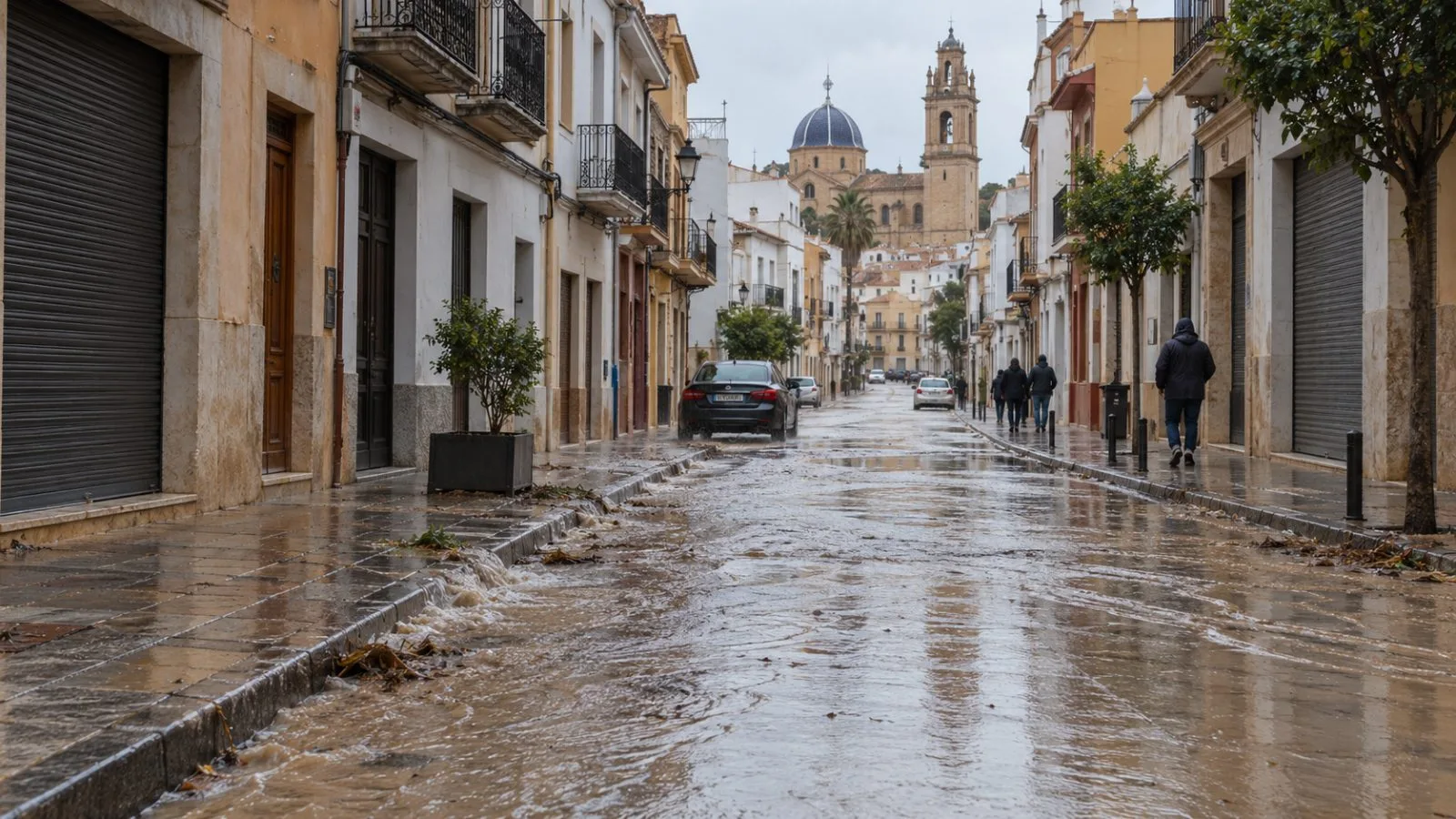 Storm runoff covers a street in Oliva, eastern Spain, beneath overcast skies. (AI-generated image / EconoTimes)