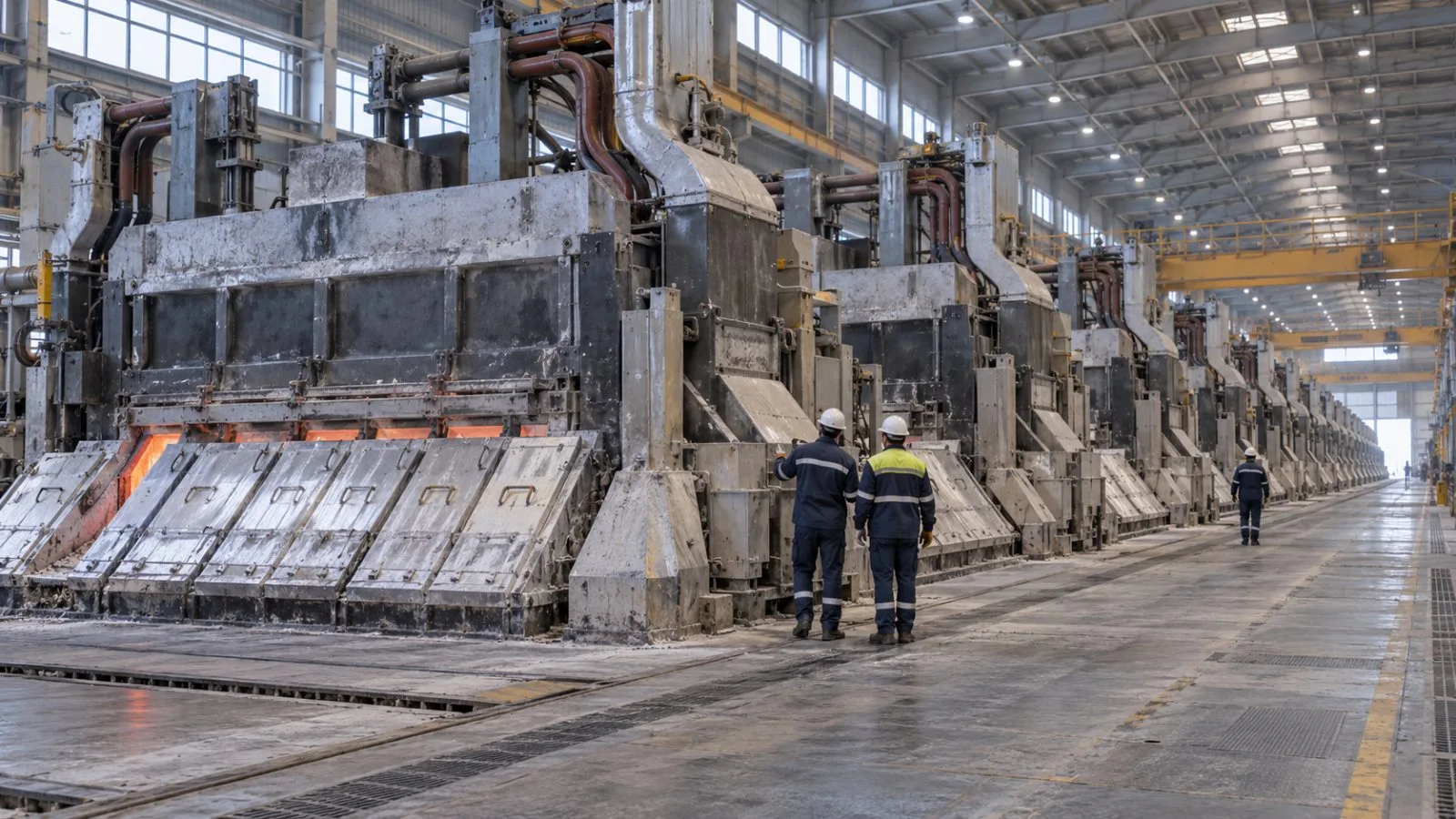 Workers inspect reduction cells inside the Al Taweelah smelter in Abu Dhabi. (AI-generated image / EconoTimes)