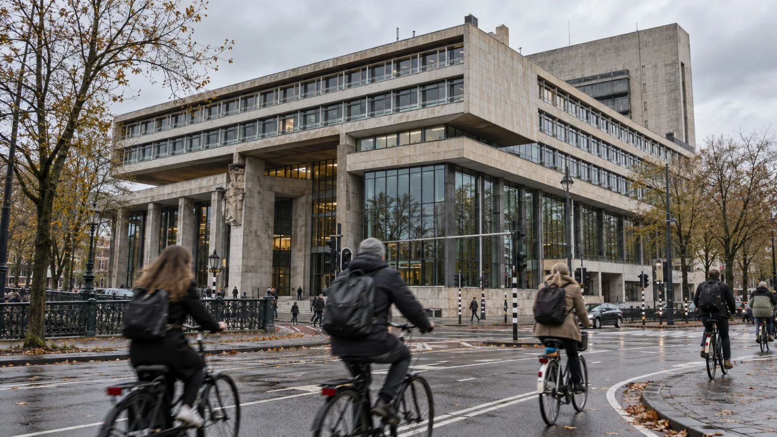 Cyclists pass De Nederlandsche Bank's headquarters at Frederiksplein in Amsterdam, Netherlands. (AI-generated image / EconoTimes)