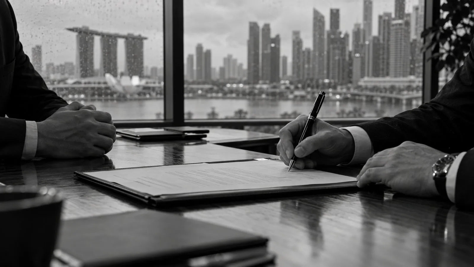 Hands sign an agreement at a meeting table in Singapore. (AI-generated image / EconoTimes)