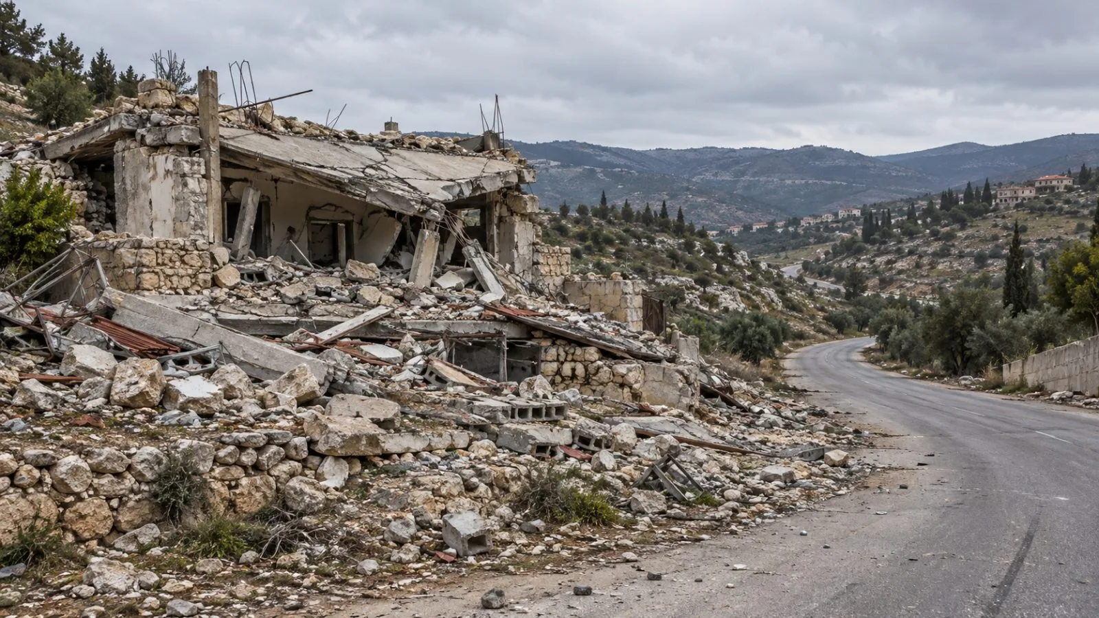 A destroyed home lies beside the road linking Kfar Shuba and Shebaa in southern Lebanon. (AI-generated image / EconoTimes)