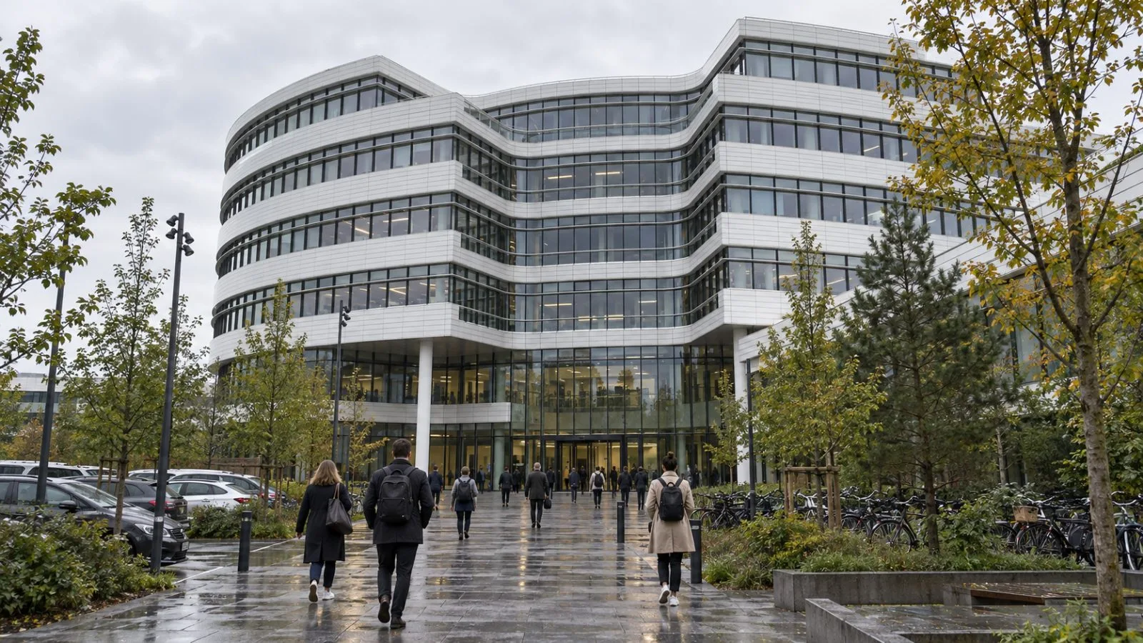 Staff arrive at a pharmaceutical research campus in Bagsværd, Denmark, on an overcast morning. / EconoTimes.ai