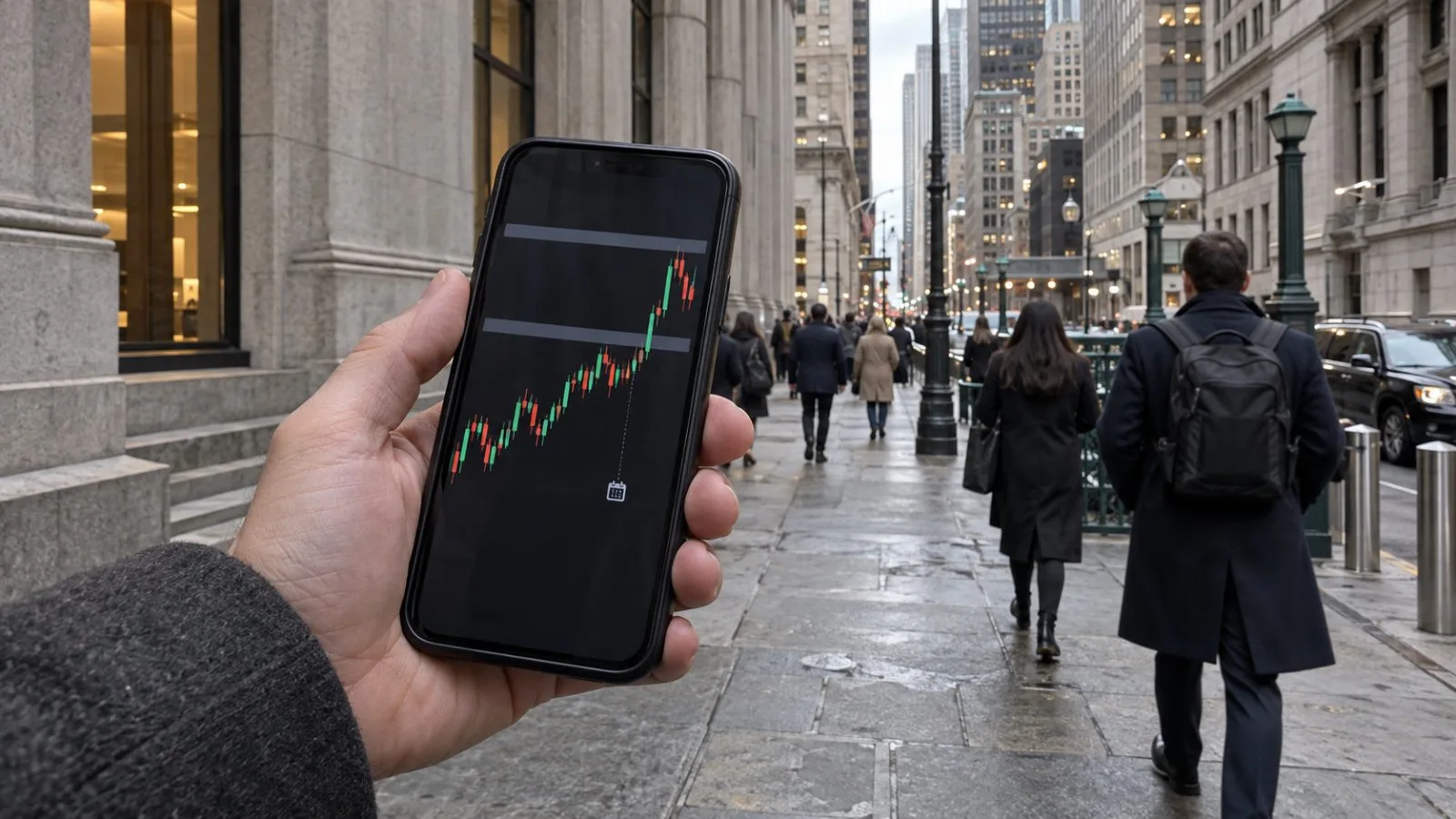 A hand holds a phone displaying a sparse token chart on a Manhattan sidewalk. (AI-generated image / EconoTimes)