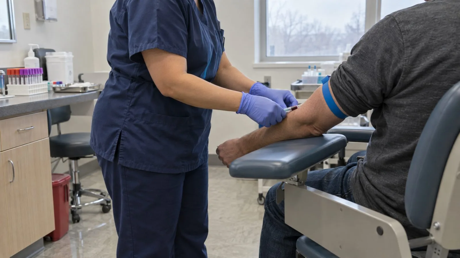 A phlebotomist prepares a blood sample at a patient service center in Elmwood Park, New Jersey. (AI-generated image / EconoTimes)