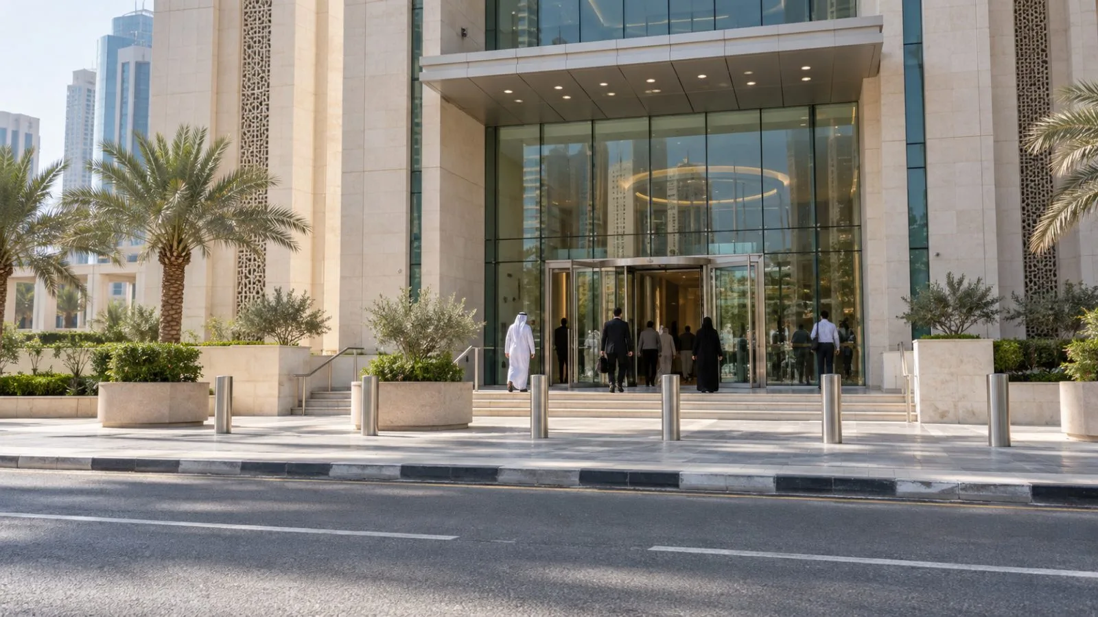 Visitors pass the entrance of a financial regulator’s office in Abu Dhabi, United Arab Emirates. (AI-generated image / EconoTimes)