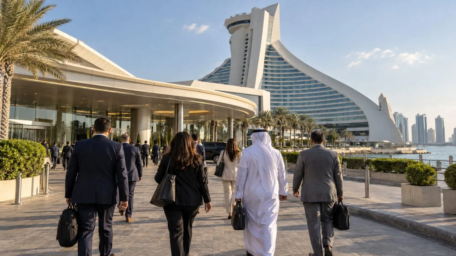 Delegates enter the Sheraton Convention Center in Doha under late-afternoon sun. (AI-generated image / EconoTimes)