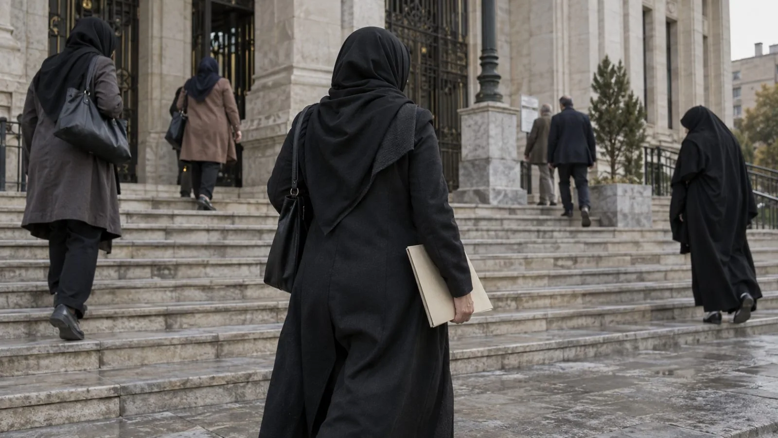 Women walk past courthouse steps in Tehran under the muted light of an overcast afternoon. (AI-generated image / EconoTimes)