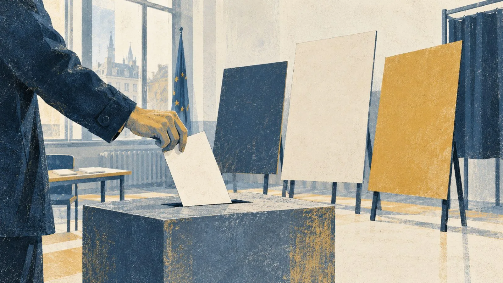 An anonymous voter places a ballot in a polling station in Brussels, Belgium. (AI-generated image / EconoTimes)