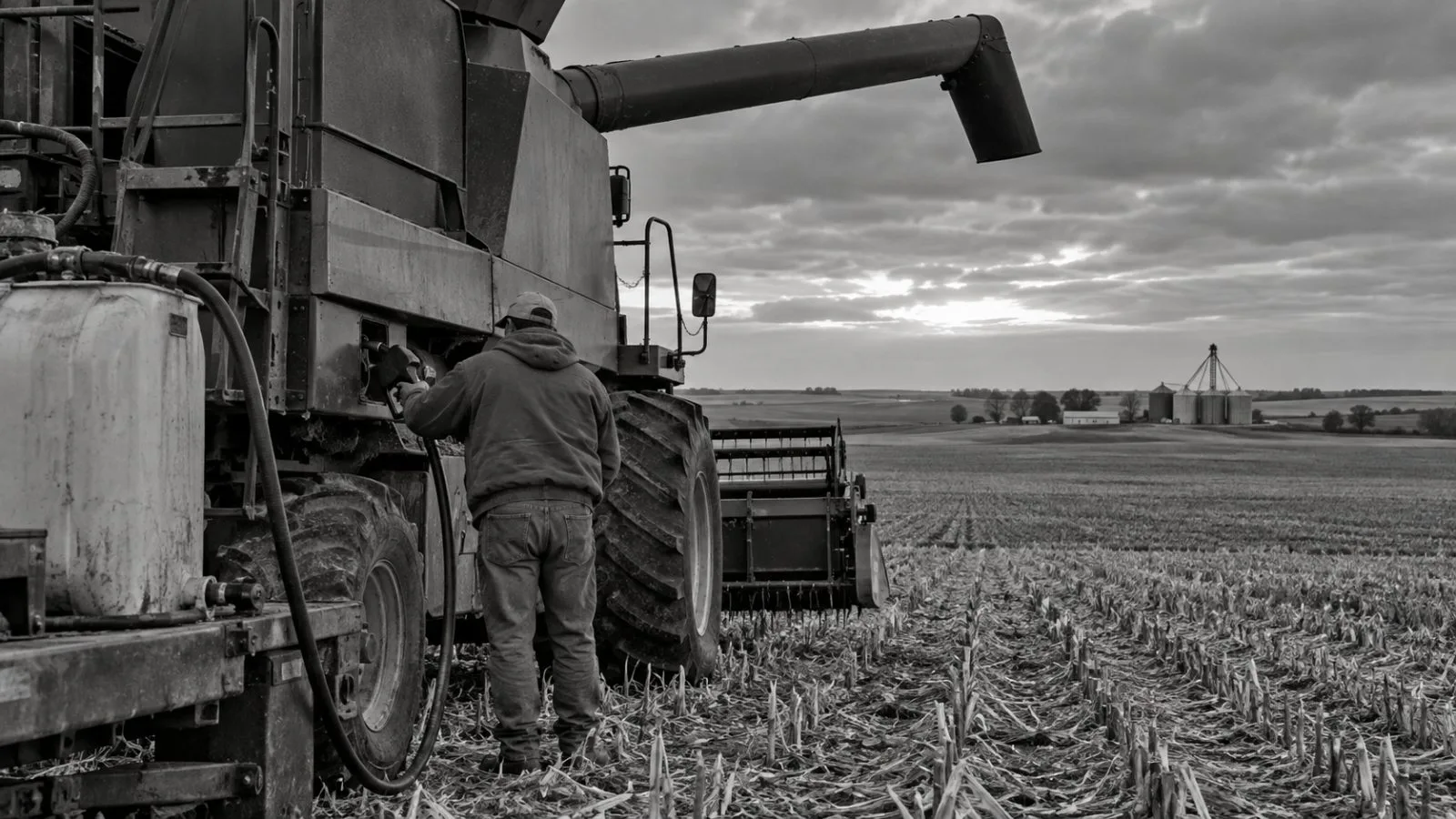 A farmer refuels a combine near Park City, Kansas, during the autumn harvest (AI-generated image / EconoTimes)