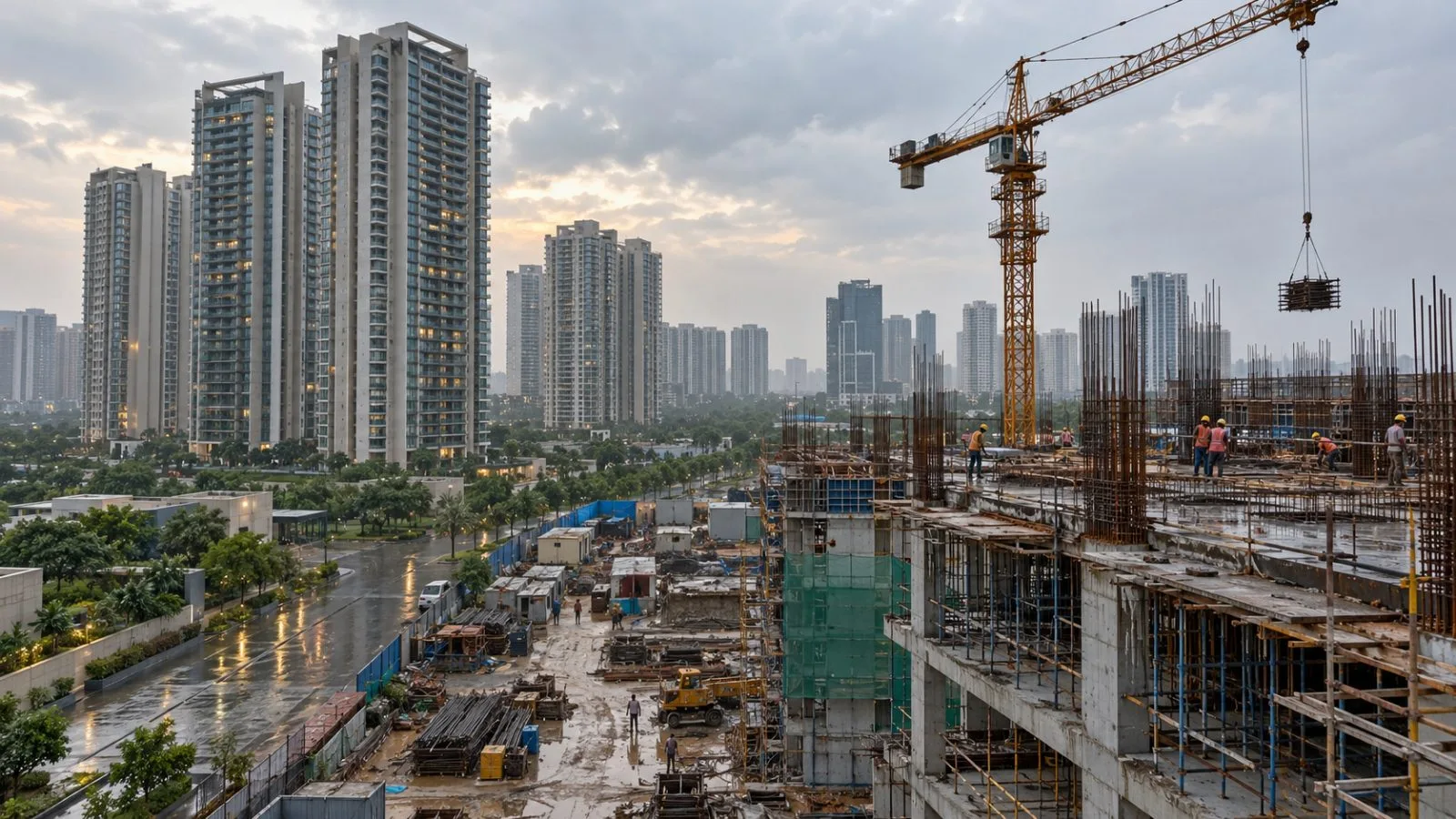 Luxury apartment towers rise beside a construction site in Gurugram, India. (AI-generated image / EconoTimes)