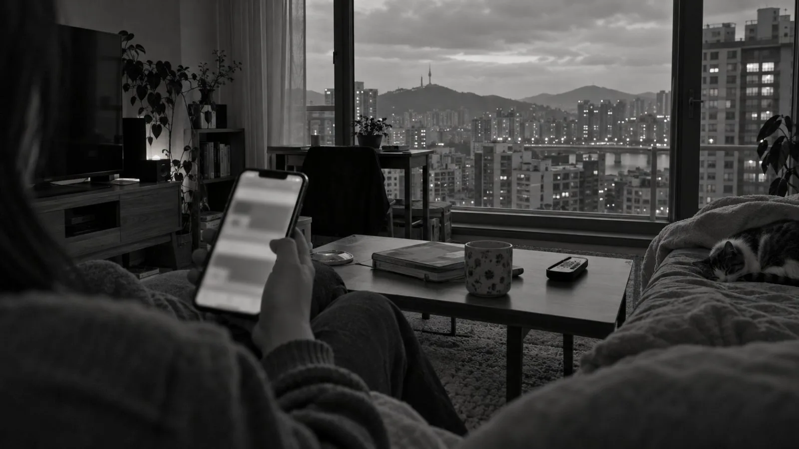 A trader checks a cryptocurrency wallet on a phone inside a Seoul apartment. / EconoTimes.ai (mono)
