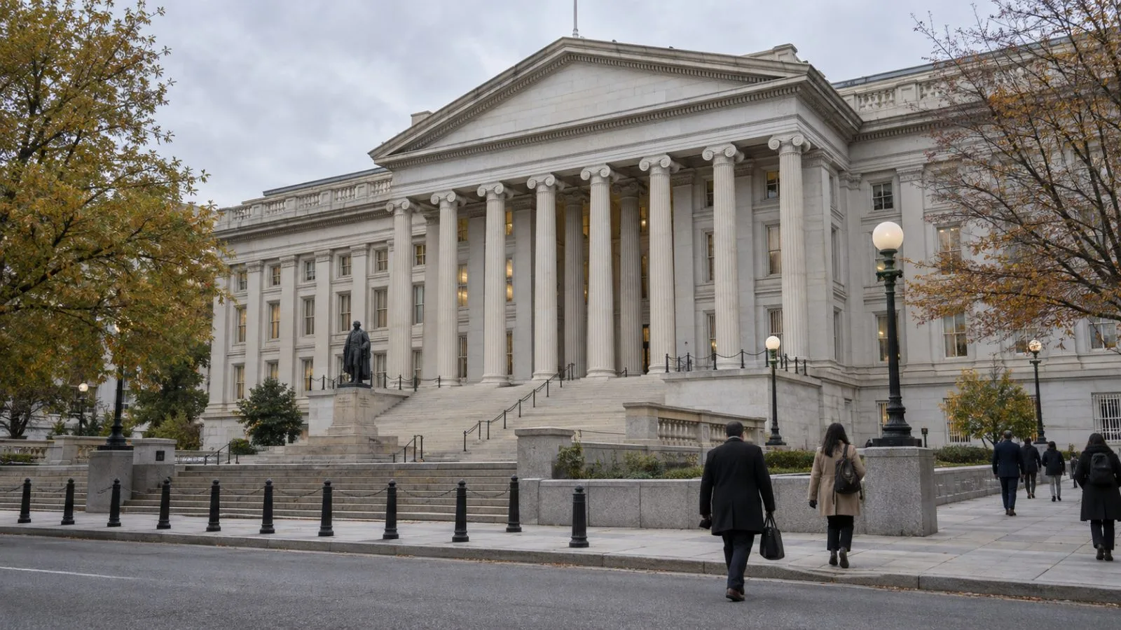 Pedestrians pass the U.S. Treasury building in Washington on an overcast morning. (AI-generated image / EconoTimes)