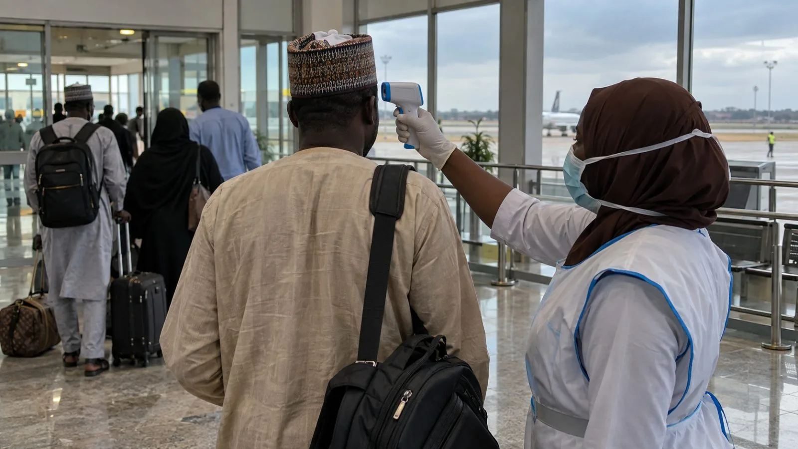 A health worker checks a traveler's temperature at Gusau International Airport in Zamfara, Nigeria. (AI-generated image / EconoTimes)
