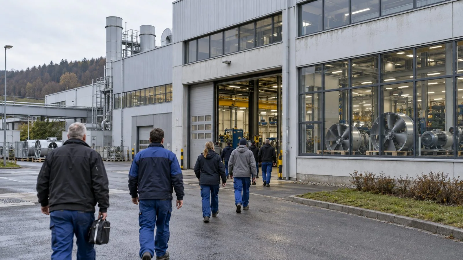 Workers enter a fan and motor plant in Mulfingen, Germany, under overcast skies. (AI-generated image / EconoTimes)