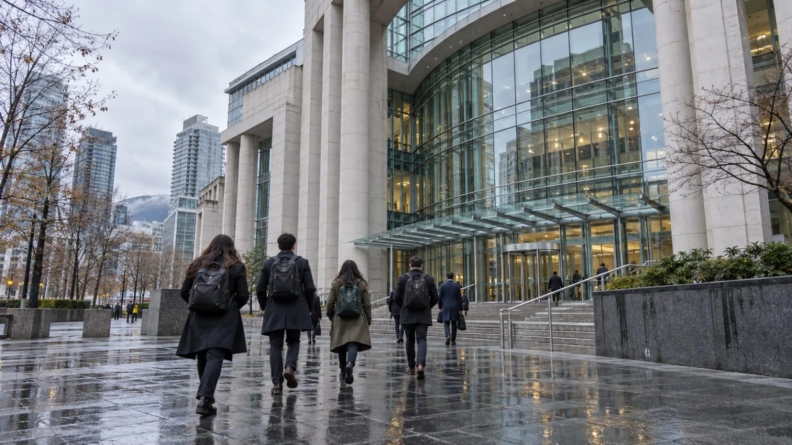 People approach the Vancouver Law Courts as a federal climate rights trial begins. (AI-generated image / EconoTimes)