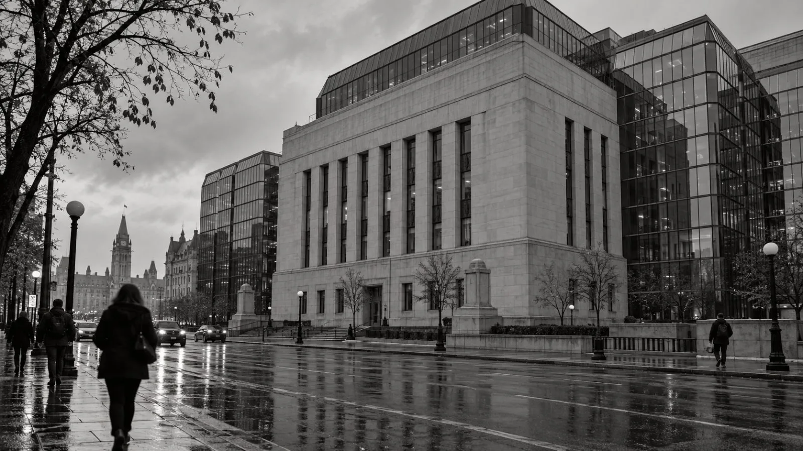 Pedestrians pass the Bank of Canada headquarters on a wet afternoon in Ottawa (AI-generated image / EconoTimes)