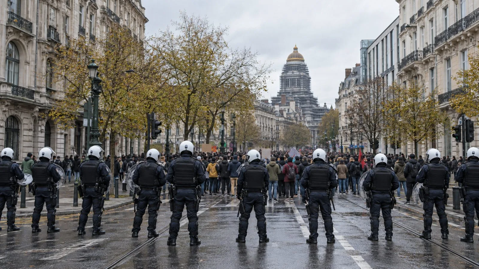 Police hold a line as demonstrators gather on a central Brussels street. (AI-generated image / EconoTimes)