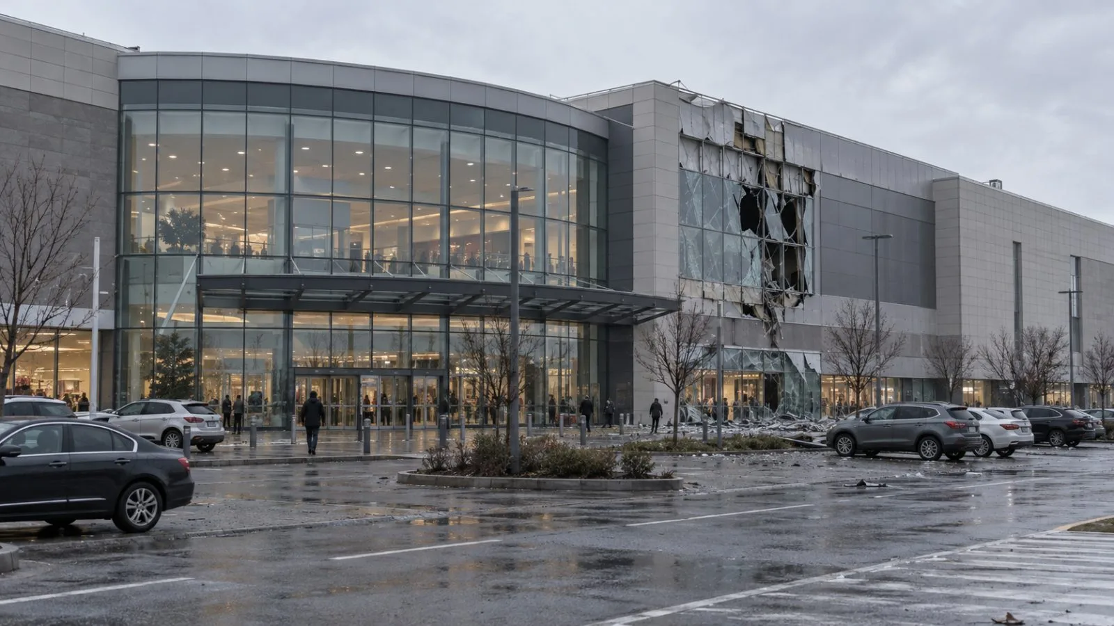 A shopping mall exterior shows damage along a street in Zaporizhzhia, Ukraine (AI-generated image / EconoTimes)