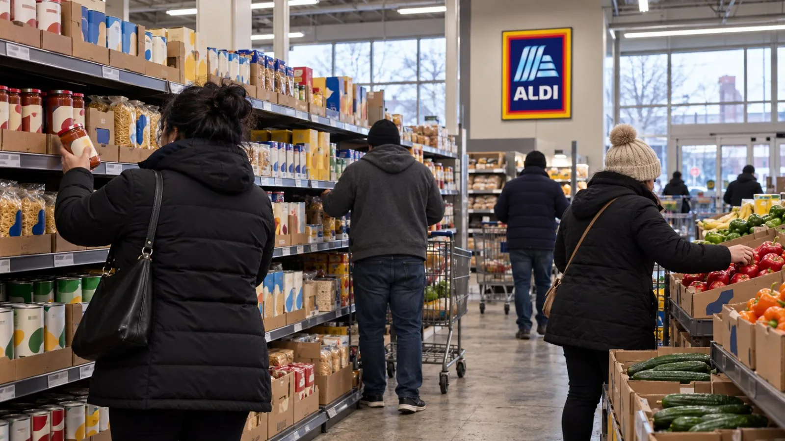 Shoppers browse packaged groceries beside open shipping cartons in a compact Chicago supermarket aisle. / EconoTimes.ai