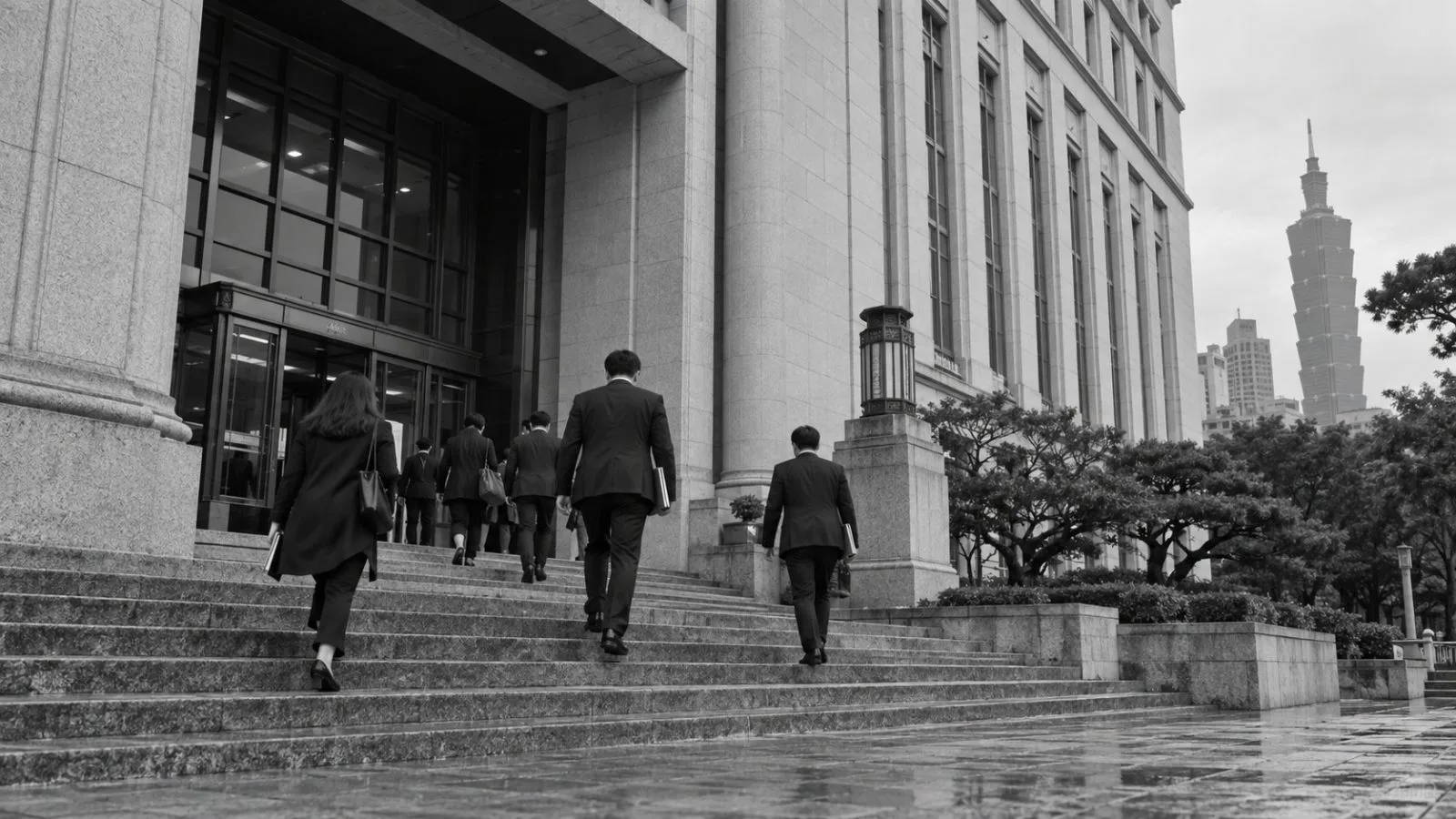 Lawyers approach Taipei District Court in Taipei during a civil estate dispute. (AI-generated image / EconoTimes)