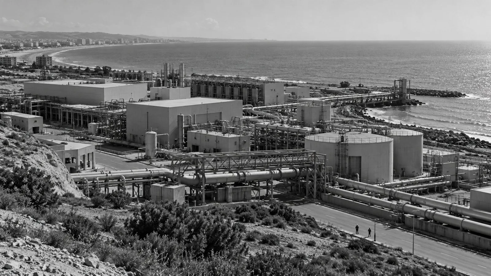 Treatment buildings and pipework stand at a desalination plant in Larnaca, Cyprus. (AI-generated image / EconoTimes)