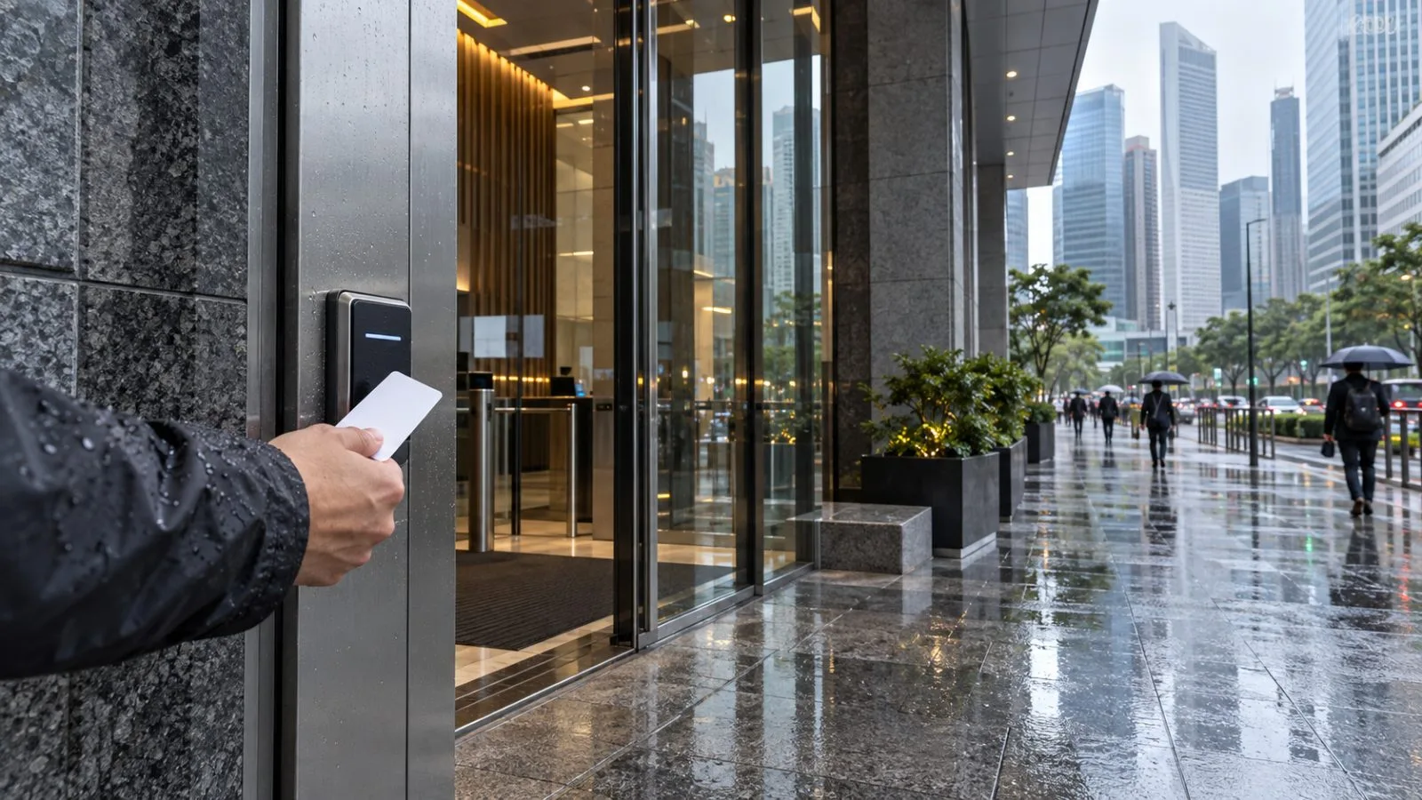 A hand reaches for a keycard reader outside a Singapore office building after rain. (AI-generated image / EconoTimes)