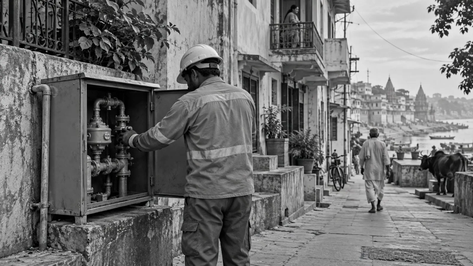 A gas utility worker inspects a curbside valve cabinet on a residential street in Varanasi, India. (AI-generated image / EconoTimes)