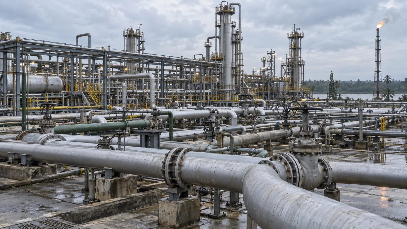 Gas pipelines cross an industrial facility near Port Harcourt, Nigeria, under an overcast morning sky. (AI-generated image / EconoTimes)