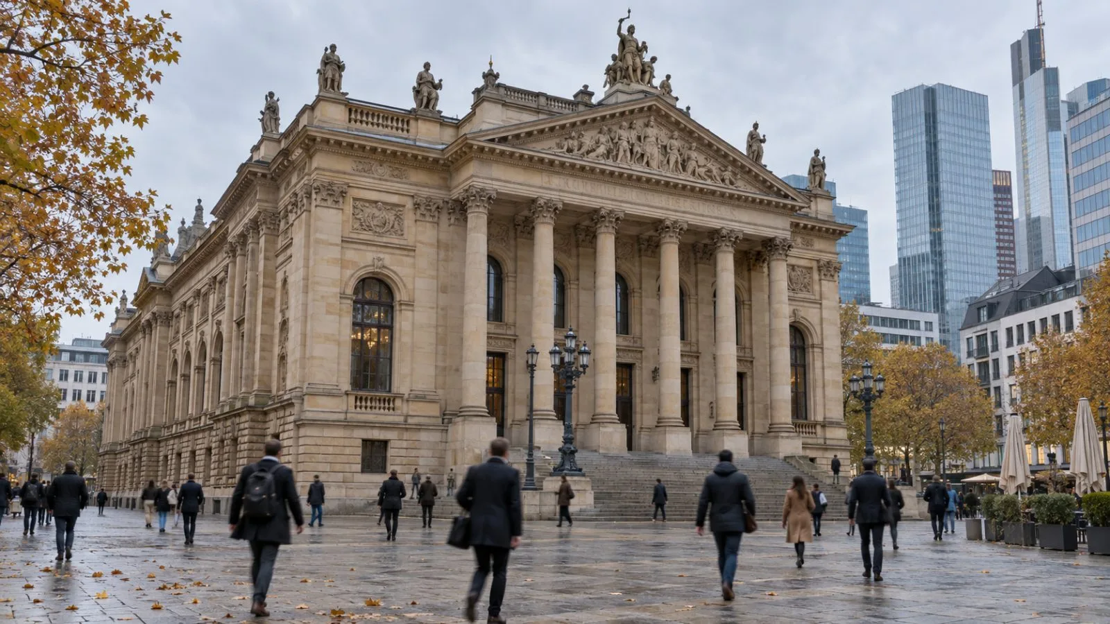 Commuters pass the Frankfurt Stock Exchange building at Börsenplatz in Frankfurt, Germany. (AI-generated image / EconoTimes)