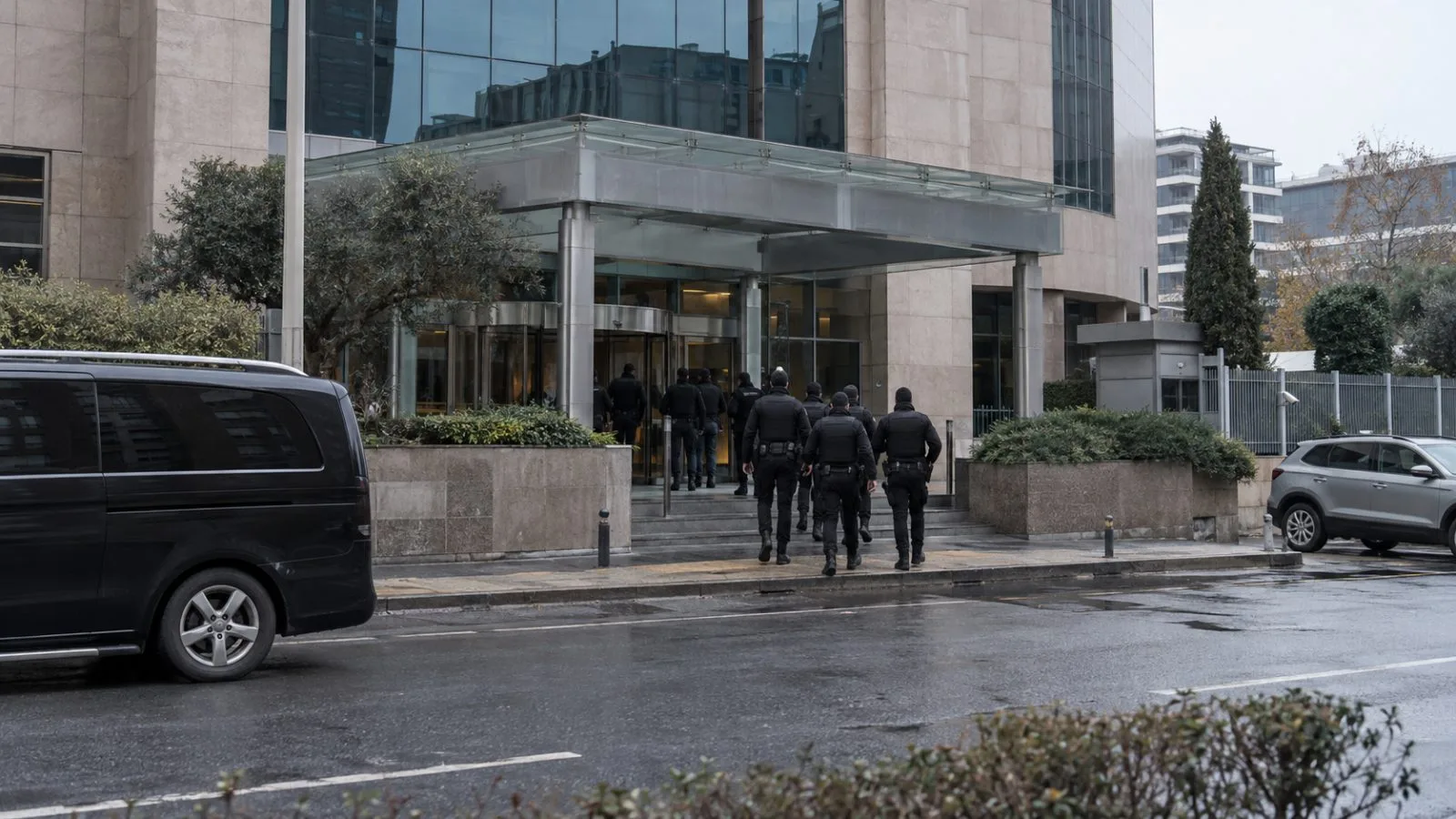 Police enter a television station building in Istanbul's Zeytinburnu district. (AI-generated image / EconoTimes)